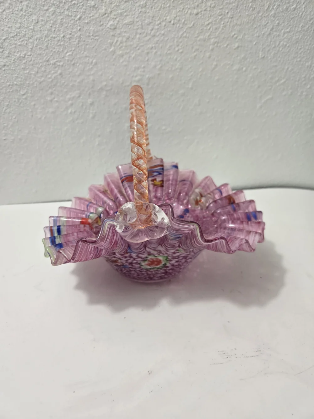 Pink Millefiori Art Glass Basket with Twisted Handle